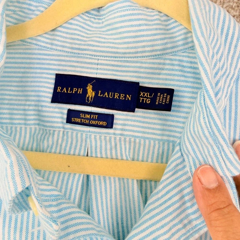 Ralph Lauren 2XL Blue Stripe Stretch Oxford Shirt Slim Fit Preppy Casual Coastal